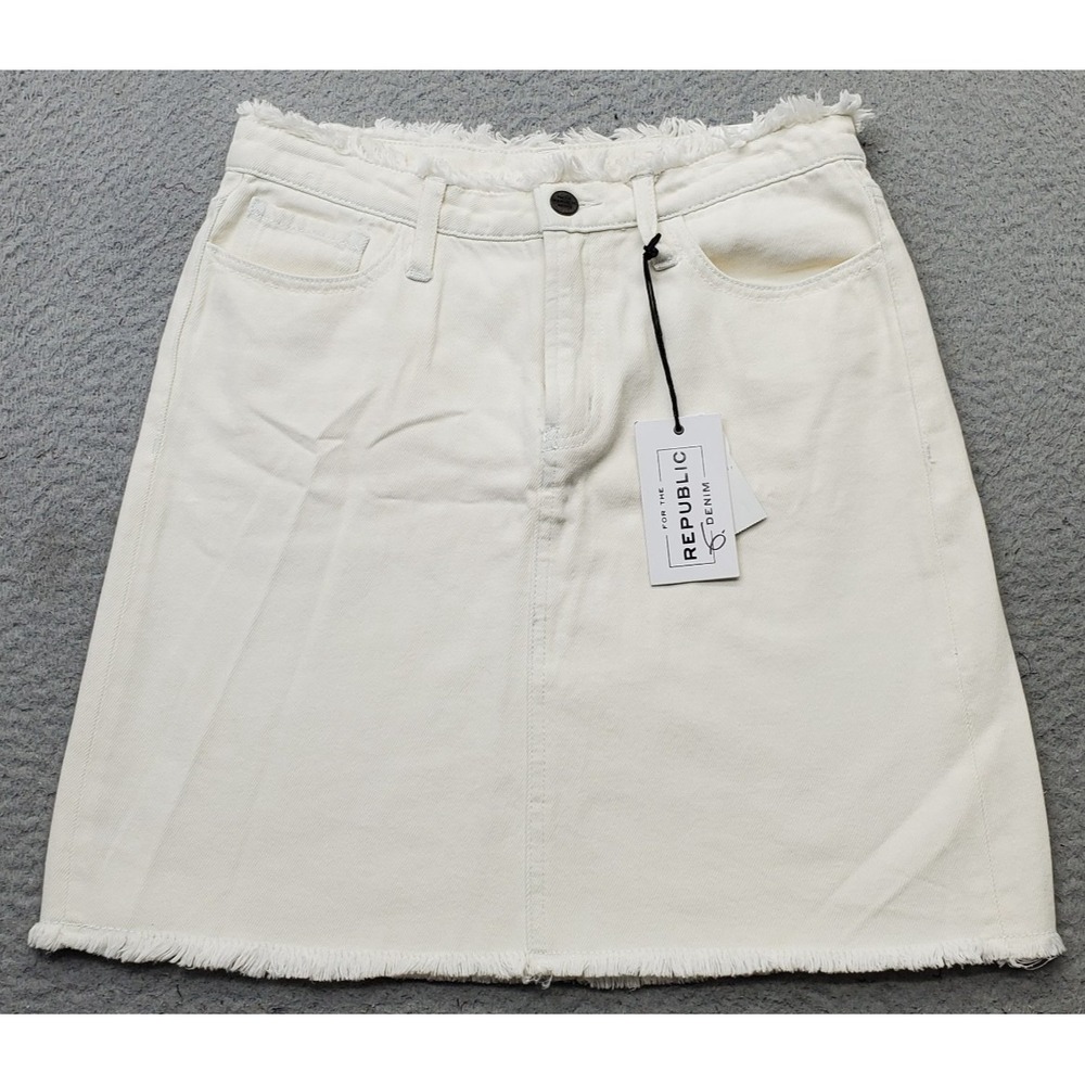 For The Republic Jean Skirt Womens 6/27 White Denim Stretch Raw Hem High Waist‎